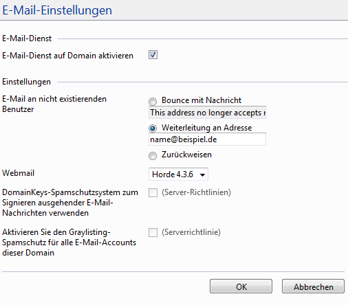 Plesk Domain - E-Mail-Einstellungen