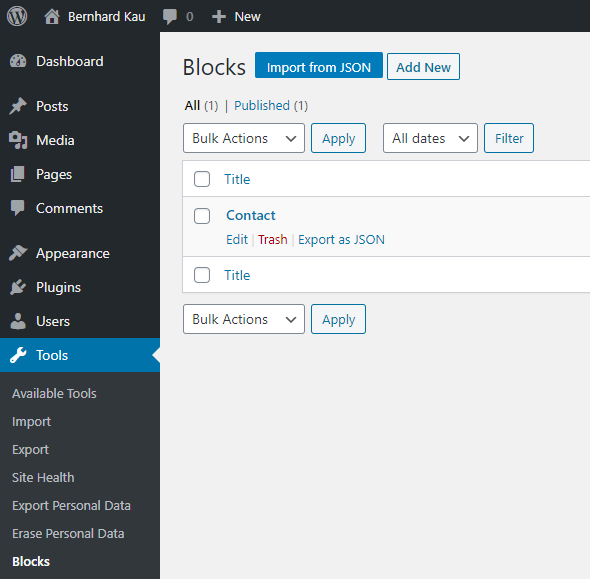 Screenshot of the "Blocks" listing in the backend.