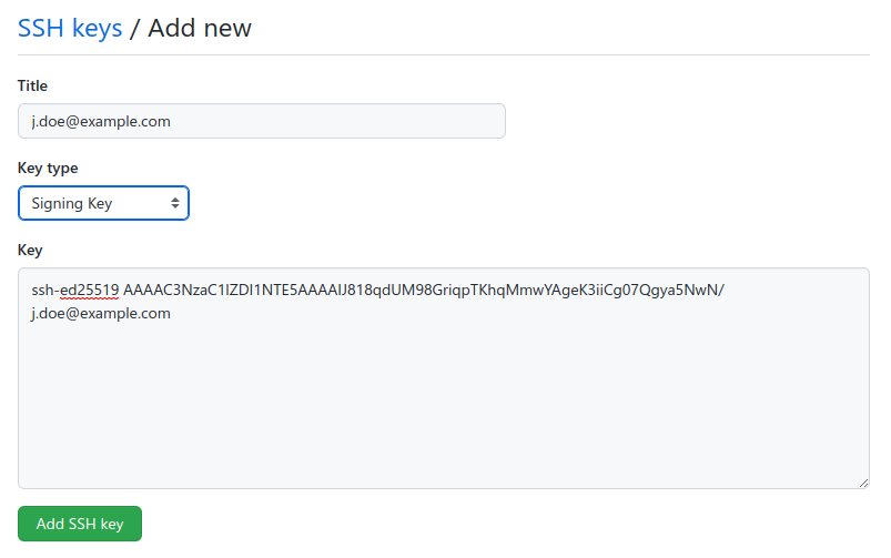 Screenshot of the "New SSH key" form with the inserted public key.