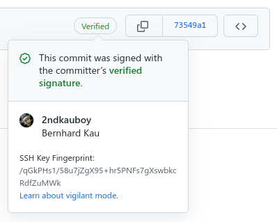 Screenshot eines "Verified" Commit bei GitHub.
