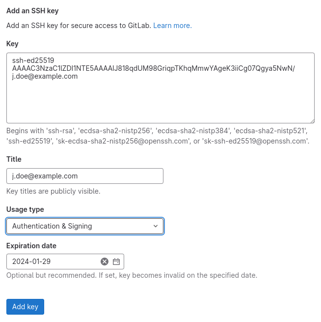 Screenshot des "Add an SSH key Formulars zum Hinzufügen des Public-Keys.