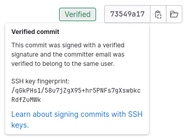 Screenshot eines "Verified" Commit bei GitLab.