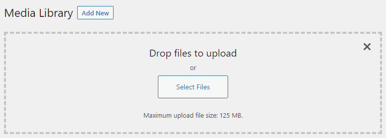 The Media Library upload showing a "Maximum upload file size: 125 MB"