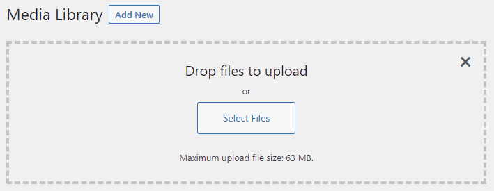 The Media Library upload showing a "Maximum upload file size: 63 MB"