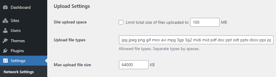 The "Upload Settings" in the "Network Settings" still showing 64000 KB.