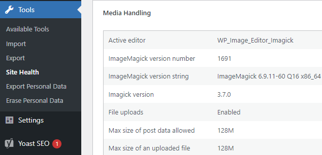 The "Media Handling" info of the Site Health Info showing a max. upload size of 128 MB.
