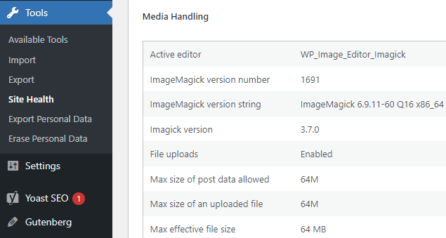The "Media Handling" info of the Site Health Info showing a max. upload size of 64 MB.