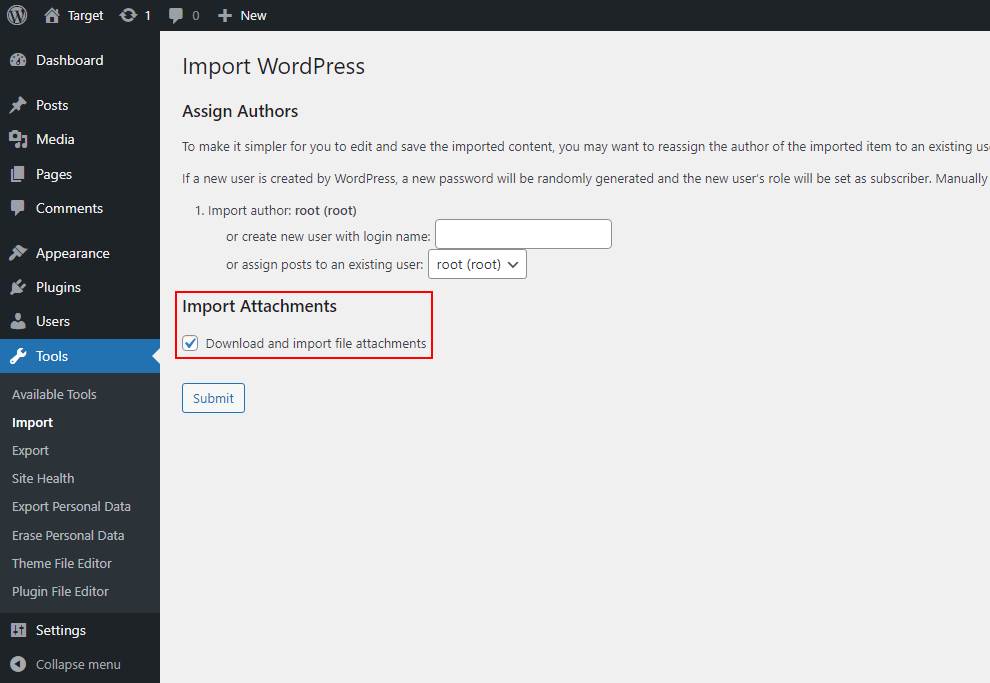 Step 2 of the XML import, that ask you to assign authors and gives you the option to "Import Attachments".
