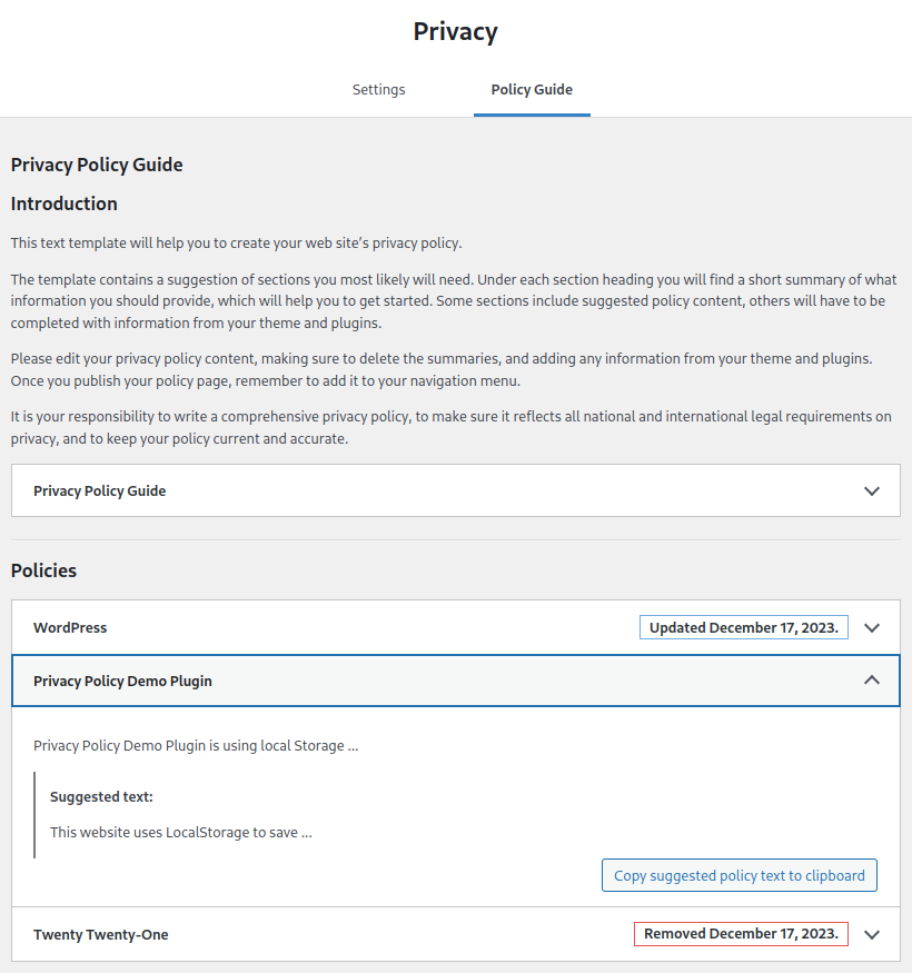 The "Privacy Policy Guide" with our custom text as well as one for "Twenty-Twenty-One" with the notice "Removed December 17, 2023".