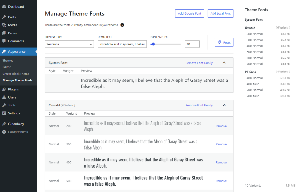 Screenshot of the "Manage Theme Fonts" admin page, showing the fonts imported in the previous step.