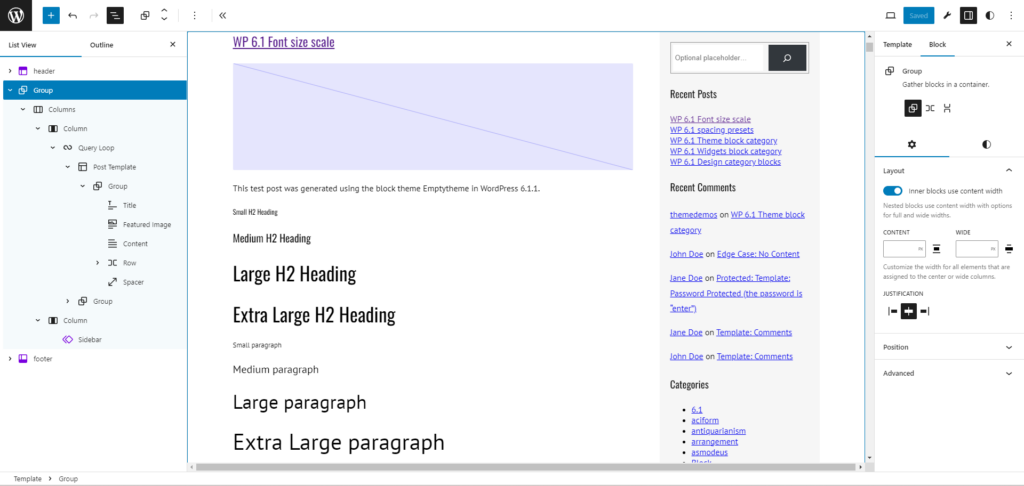 Screenshot of the "Index" template with the "List View" showing the "Query Loop" in the left column and the "Sidebar" pattern in the right one.