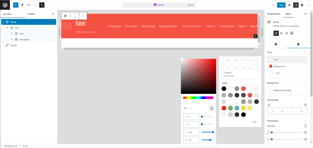 Screenshot of the Site Editor with the header template opened and the colors for the first group block set as described.