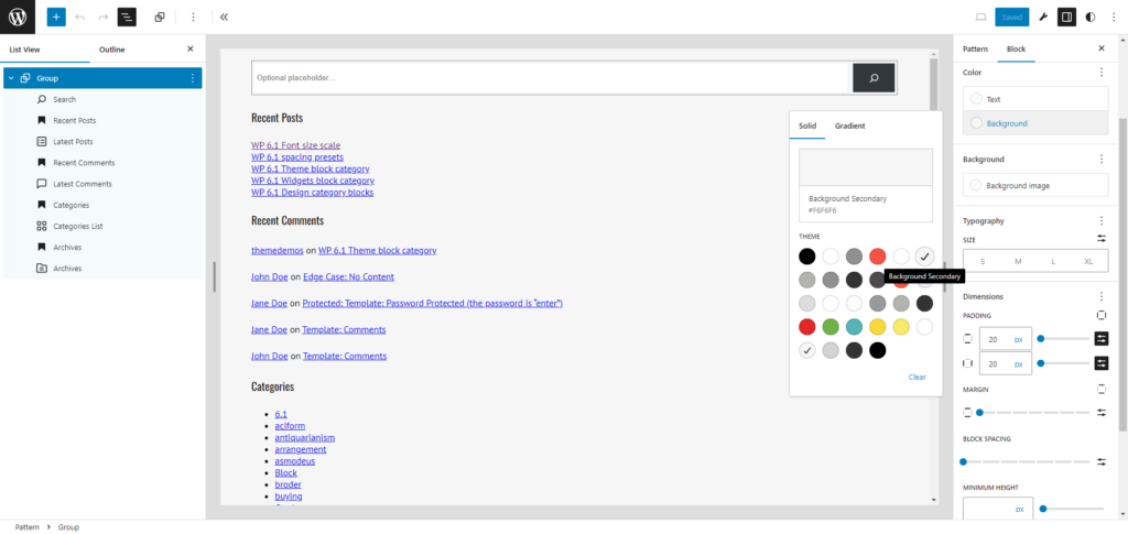 Screenshot of the "List View" with all the blocks, each prepended with a heading block and all grouped. On the right in the block settings, a background color and paddings are set.