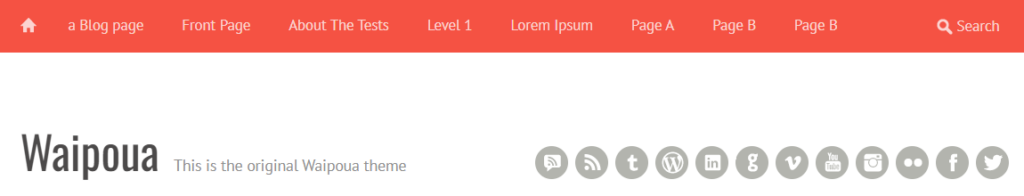 Screenshot des Waipou Theme Headers, mit einer "roten Zeil", die ein "Haus-Icon" zeigt, dann alle Menü-Einträge und rechts ein Suchfeld. In der zweiten Zeile sind Website-Titel, Website-Untertitel und eine Liste mit Social-Media-Icons zu sehen.