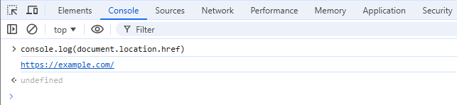 Screenshot der Chrome „Konsole“ mit einer ausgeführten Zeile „console.log(document.location.href)“, darunter den ausgegebenen Wert „https://example.com“ und zuletzt eine Zeile mit „undefined“.