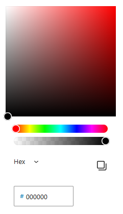 ColorPicker-Komponente mit einem Farbwähler, einer Auswahl für „Hex“, einem „Wert kopieren“ Button und einem Input mit „#000000“ als Wert.