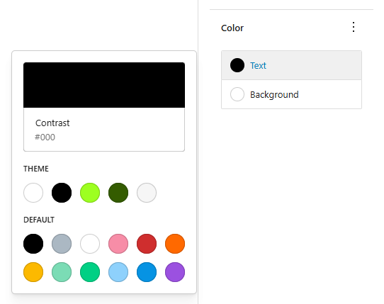 PanelColorSettings showing the modal to select a color, with the colors from the theme and core default colors listed on the left, and the "Text" and "Background" color settings on the right.