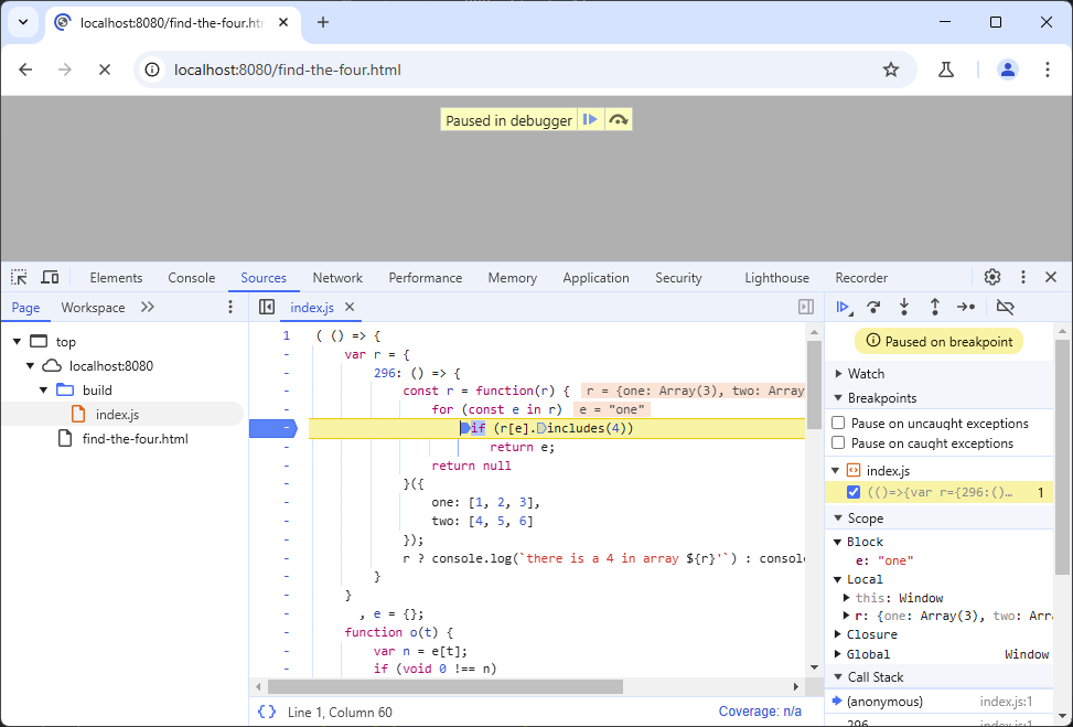 Chrome dev tools "pretty printing" the one-line JavaScript file and a manual break point set on a prettified line.