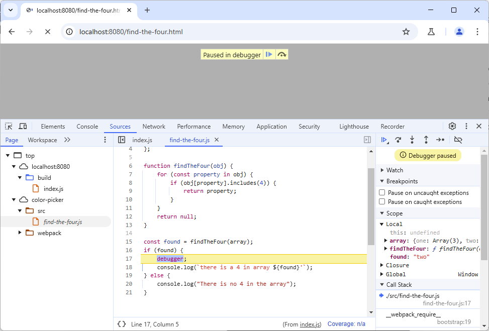 Chrome dev tool showing a JavaScript file stopped at the "debugger" keyword.