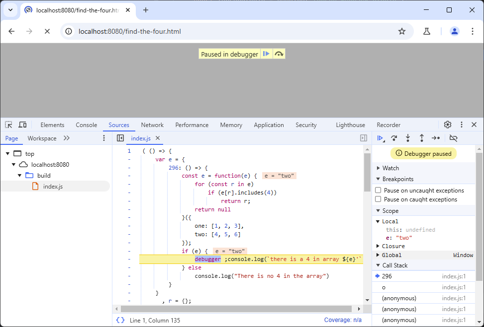 Chrome dev tool showing a JavaScript file stopped at the "debugger" keyword in a "prettified" minified code.