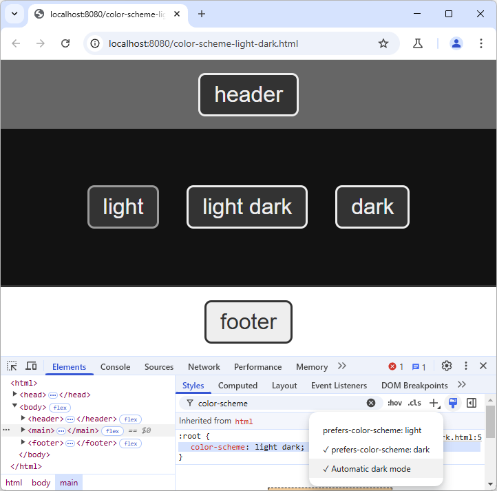 Chrome with "Automatic dark mode" showing a dark button in the header, in the middle and on the right, and a light button in the footer. The button on the left has a dark mode with a different border-color (darker).