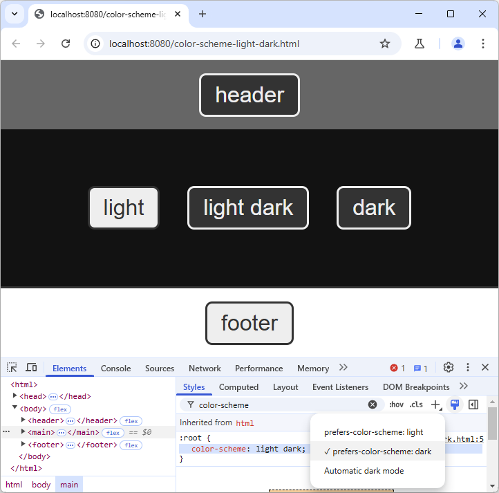 Chrome with "prefers-color-scheme: dark" showing a dark button in the header, in the middle and on the right, and light buttons on the left and in the footer.