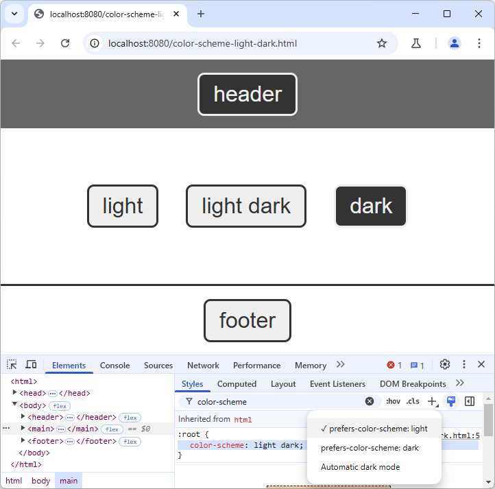 Chrome with "prefers-color-scheme: light" showing a dark button in the header and on the right, and light buttons on the left, in the middle and in the footer.