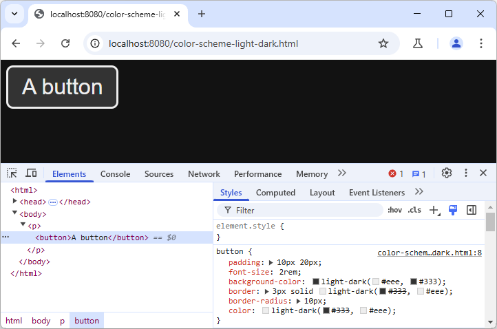 Chrome with open dev tools focused on a button. In the "Styles", the "light-dark()" function visualizes the two colors. It simulates the dark mode.