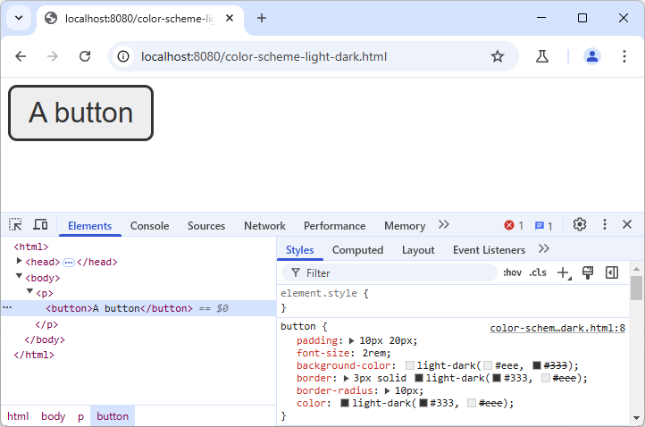 Chrome with open dev tools focused on a button. In the "Styles", the "light-dark()" function visualizes the two colors.