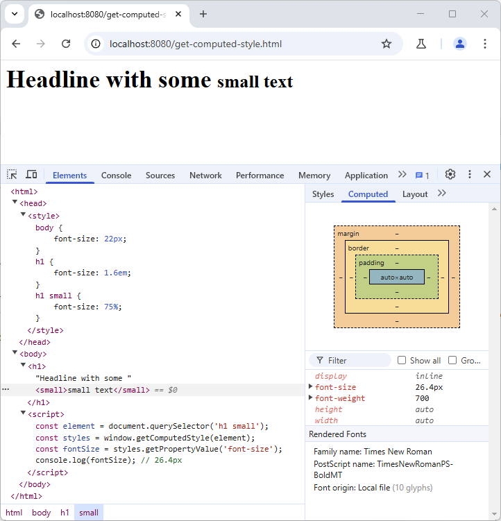 Screenshot of Chrome with the opened dev tools. The page has an h1 element with a small inside. This element is selected and the "Computed" styles panel shows "font-size: 26.4px".