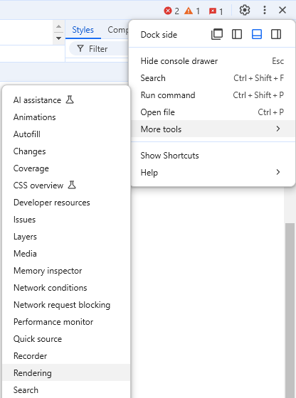 Screenshot on how to open the "More tools > Rendering" settings.