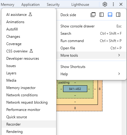 Screenshot on how to open the "More tools > Recorder" settings.