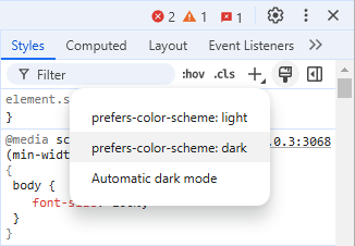 Screenshot of the opened toggle to switch the "prefers-color-scheme" setting.