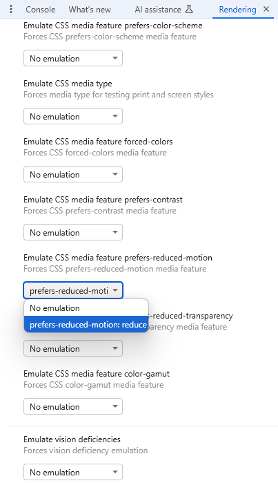 Screenshot of the different rendering settings with the "prefers-reduced-motion" setting opened.