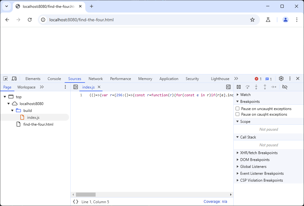 Chrome dev tools showing a minified JavaScript file.