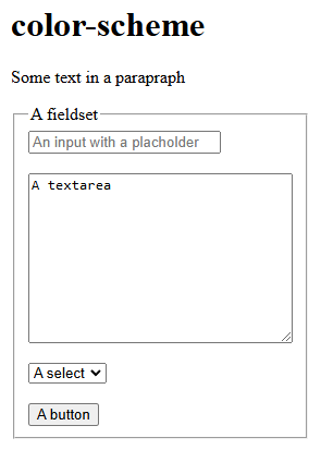 Screenshot of some elements in light mode in Chrome: h1, p, fieldset, input, textarea, select and button.