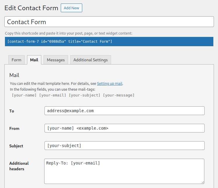 Contact Form 7 “Edit contact form” screen.