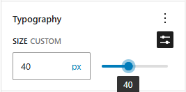 The "Typography" settings for the font size of a paragraph block, showing a number input on the left, and a range input on the right, with the numeric value in a tooltip below it.