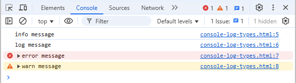 The Chrome Console with the output of the four debugging methods info, log, error and warning.