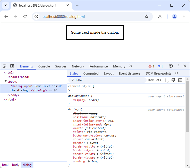 Chrome with open dev tools showing the properties of the open dialog element, that is centered on the page.