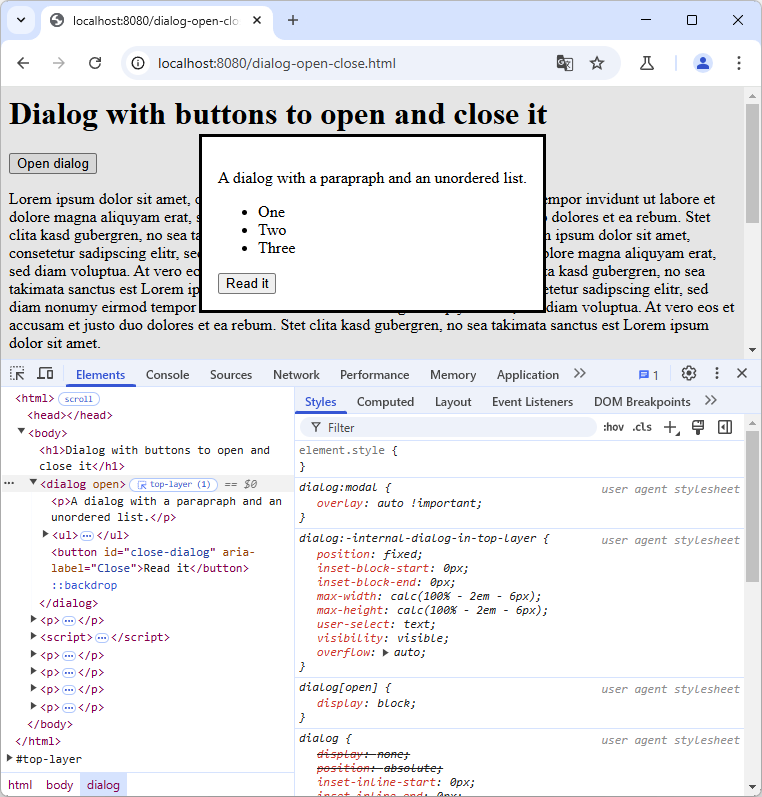 Chrome showing an open dialog element. The dev tools are open and at the bottom of the HTML markup tree, a "#top-layer" is shown after the closing html tag. The dialog has a paragraph and an undordered list. The page behind the dialog has an "Open dialog" button and inside the dialog, there is a "Read it" button at the end.