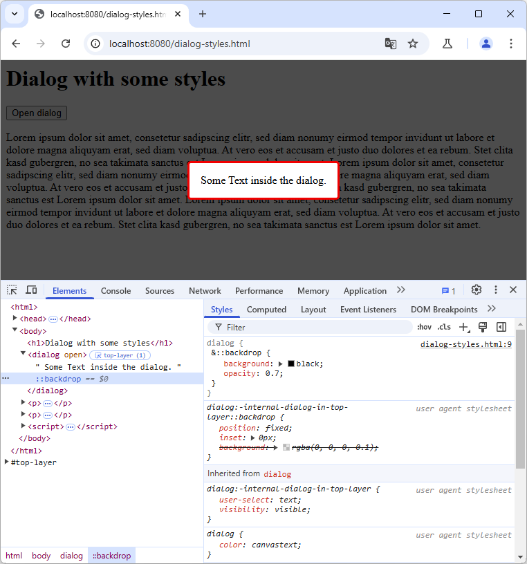 An open dialog with a changed "background" with lower transparency and a red border with a border-radius. The dev tools are open to show the HTML code and CSS of the dialog element.