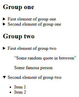 Two details accordion groups with a quote in between elements of the second group, which has an unordered list as the content of the second details element.