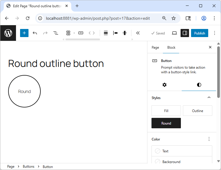 The Block Editor with a button and the "Round" block style selected, showing the button as a perfect circle, that has a 3px "outline" style.
