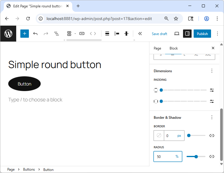 The Block Editor with a button and a "border-radius" set to "50%", showing an oval button.