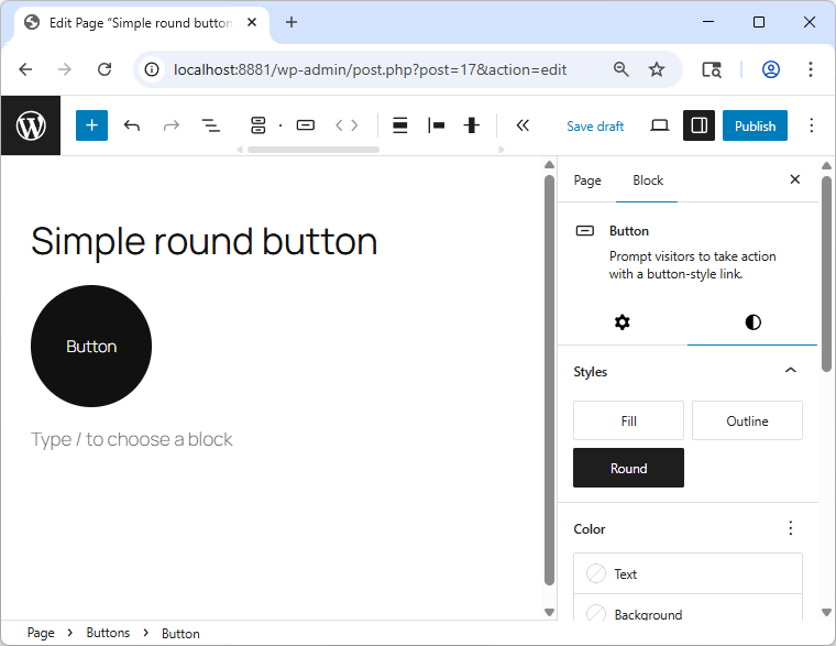 The Block Editor with a button and the "Round" block style selected, showing the button as a perfect circle.