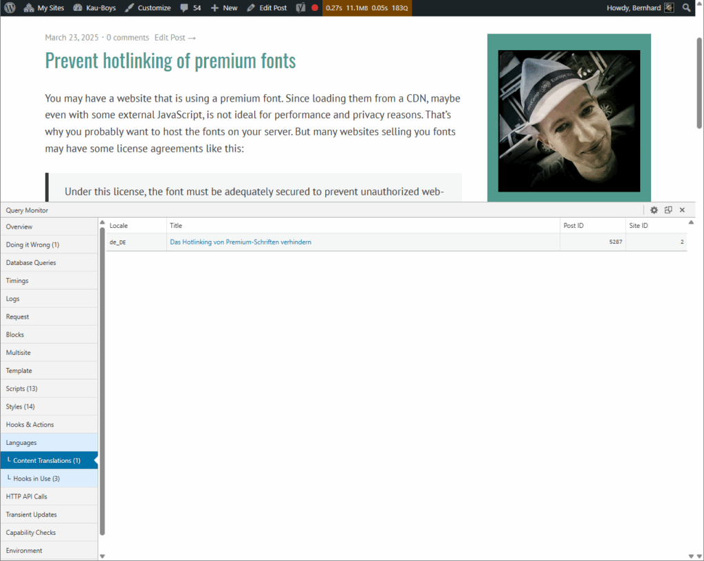 Screenshot with Query Monitor opened, showing the new "Content Translations" panel, listing the German translation of the last blog post.