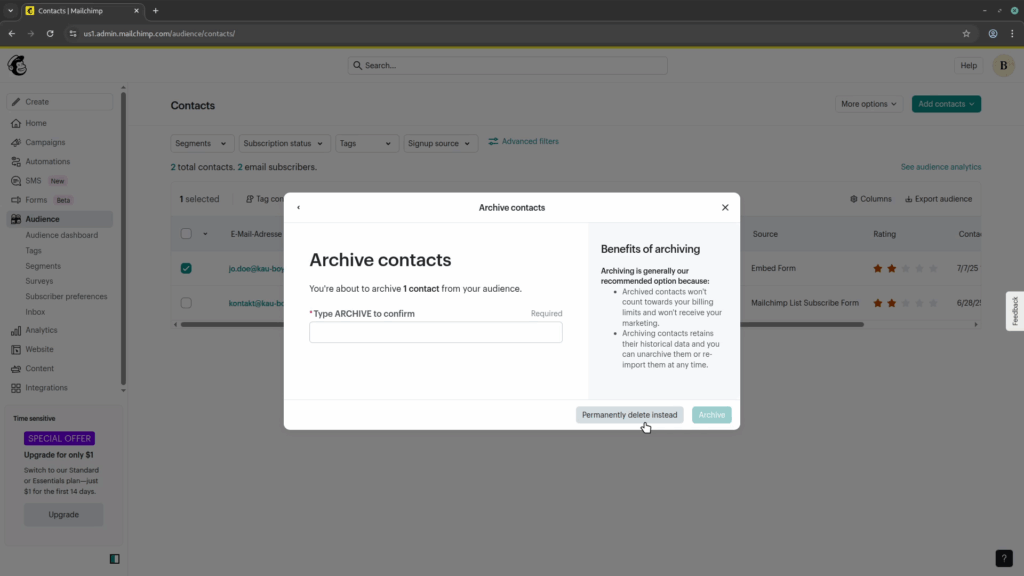 The dialog "Archive contacts" with a gray "Permanently delete instead" button in the bottom right.