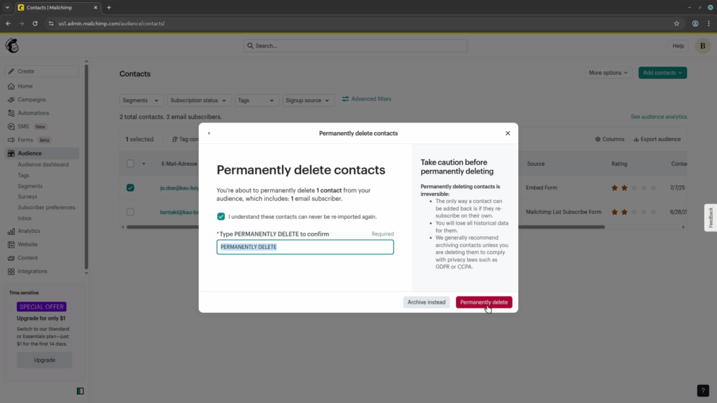 The last dialog "Permanently delete contacts" with the words "permanently" and "delete" typed in all-caps into an input field, and a red "Permanently delete" button at the bottom right.