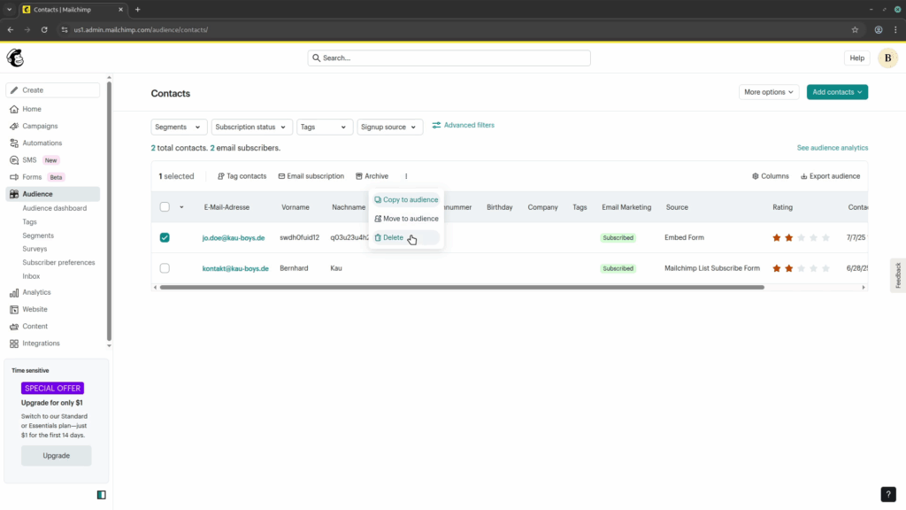The Audience panel in the Mailchimp backend with a contact selected and the "Delete" option selected from the drop-down.